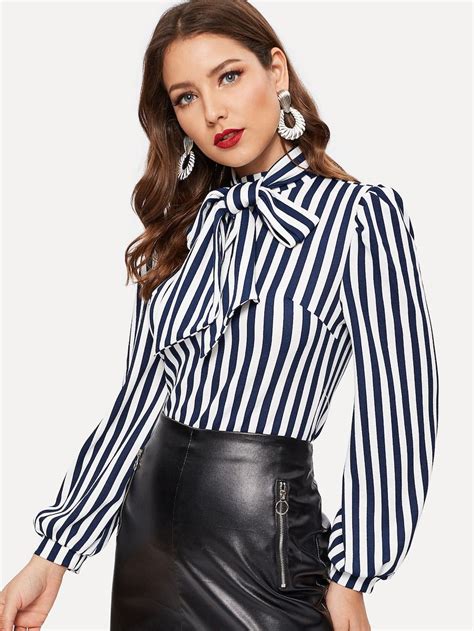 tie neck puff sleeve striped blouse shein sheinside striped blouse