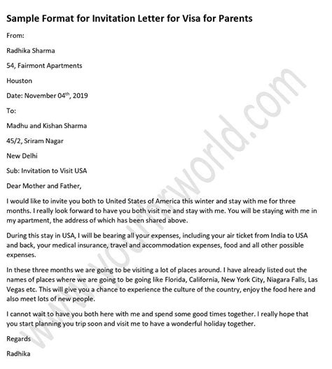 sample invitation letter  visitor visa  parents