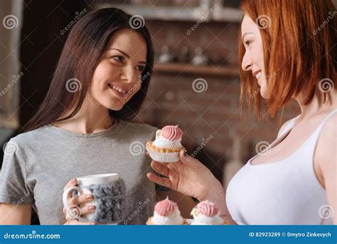 Portrait Of Lesbians Looking To Each Stock Image Image Of Cake Mood