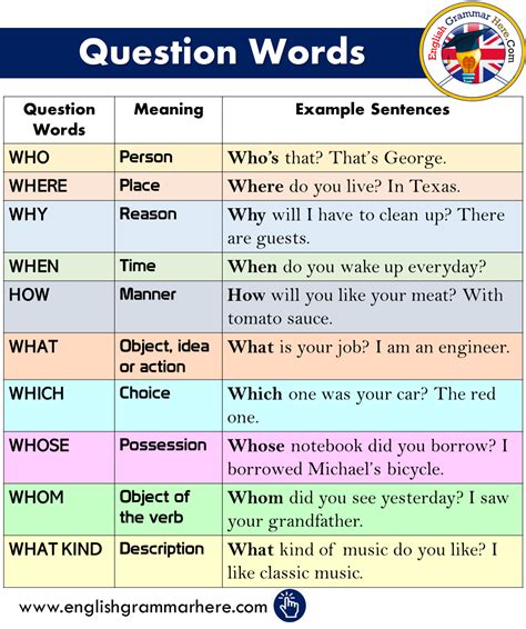 question words meanings   sentences english grammar