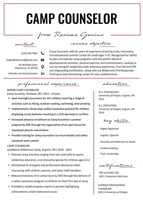 camp counselor resume sample tips resume genius