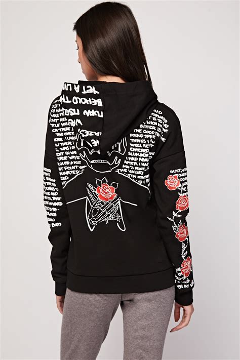 graphic printed front zip up hoodie just 7