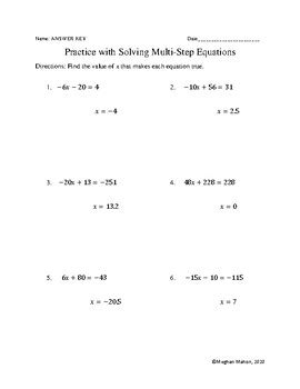 practice  solving  step equations grade  tpt