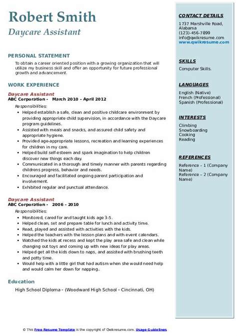 daycare assistant resume samples qwikresume