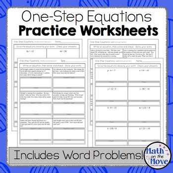 step equations worksheets including word problems  math   move
