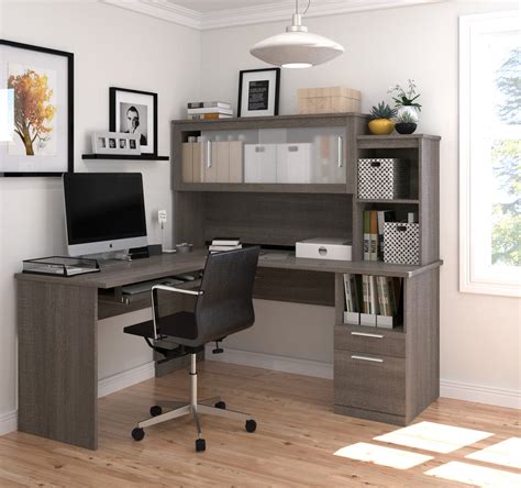 shaped office desk  hutch  frosted glass doors  bark gray