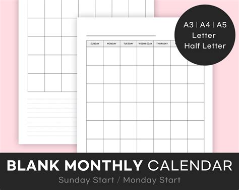 Blank Monthly Calendar Printable Vertical Calendar Simple Etsy