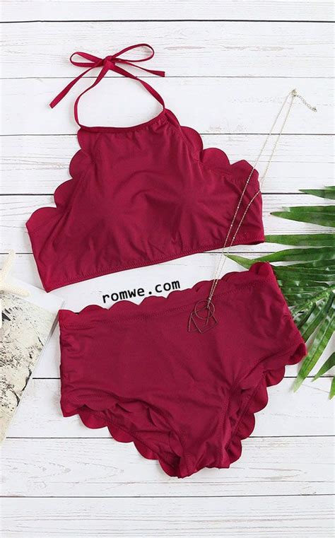 burgundy scalloped trim halter bikini set romwe hot buy summer bathing suits cute bathing