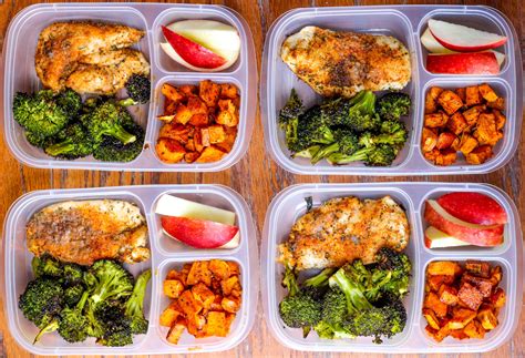 meal prep lunch bowls  spicy chicken roasted lemon broccoli  caramelized sweet potatoes