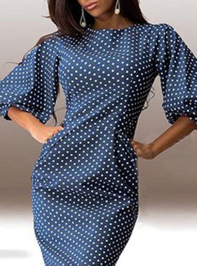 midi dress puffy sleeves blue  white polka dots knee length cotton   bodycon
