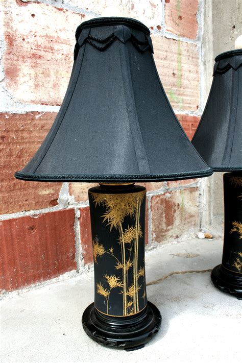 pair small vintage black glass asian style lamps