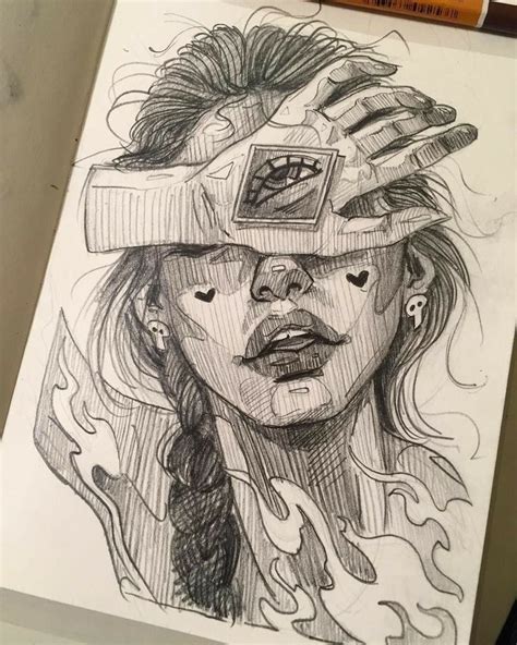 pencil drawing   woman wearing  hat  holding  hands   head