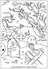 Halloween Coloring Graveyard Colouring Pages Ghost Grave Spooky Kids Cemetery Colour Print Book Tombstones Haunted Activity Sheets Scene Drawings Adult sketch template