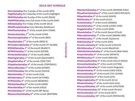 kpop selca on twitter updated selca day schedule not mine so creds