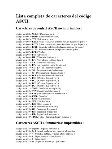 Lista Completa De Caracteres Del Código Ascii Ascii