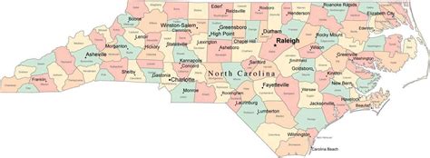 multi color north carolina map  counties capitals  major citi