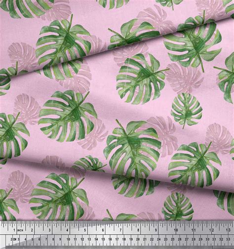 soimoi pink cotton poplin fabric monstera leaves printed craft fabric