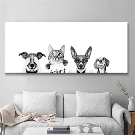 modern cute dogs cat canvas painting animal posters prints black  white wall art pictures