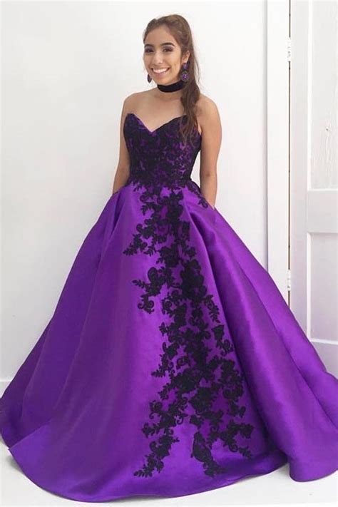 sweetheart ball gown purple long prom dress with black appliques