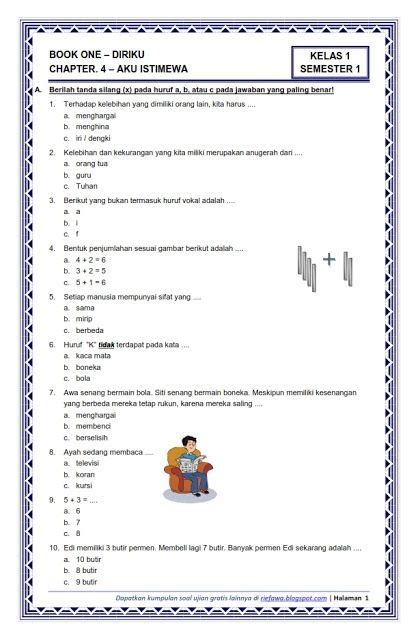 Download Soal Kurikulum 2013 Kelas 1 Semester 1 Tema 1