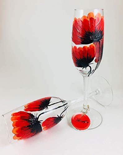 Red Poppies Hand Painted Set Of 2 Champagne Flutes 8 Oz