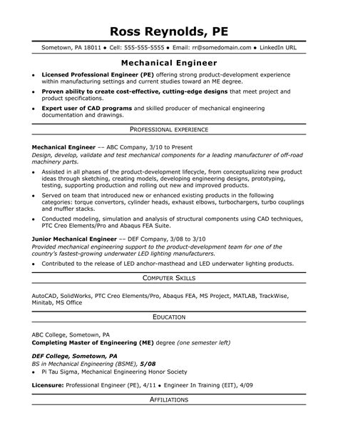 sample resume   midlevel mechanical engineer monstercom