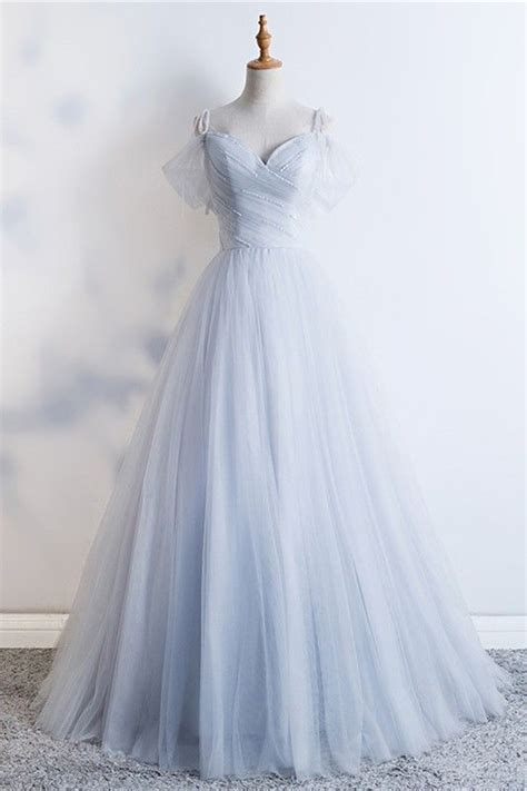 romantic sweetheart   shoulder dusty blue tulle beaded prom evening dress evening