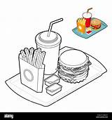 Hamburger Cibo Nourriture Colorier Boisson Stile Lineare Stampare Frites Cheeseburger Formaggio Grandi Bevande Frying Disposable Potatoes Straw Alamyimages Pommes Frire sketch template