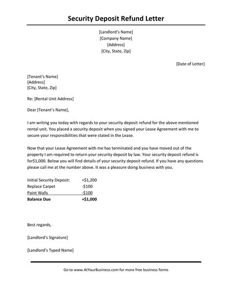 landlord letter  tenant  security deposit return