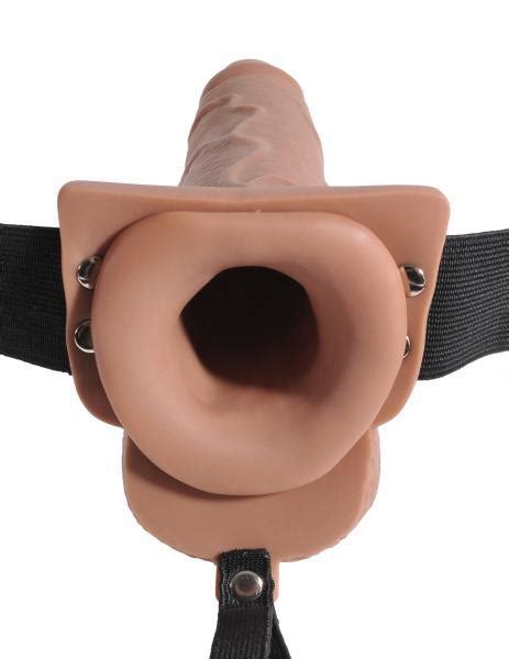 fetish fantasy 7 5 inches hollow squirting strap on with balls tan on