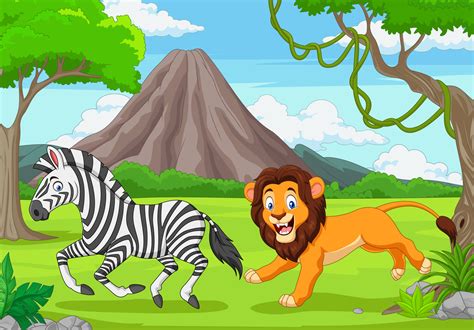 lion  chasing  zebra   african savanna  vector art