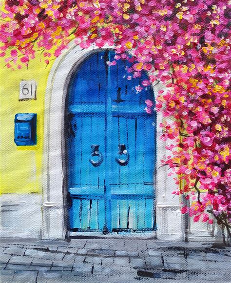 blue door acrylic painting tutorial flower painting canvas