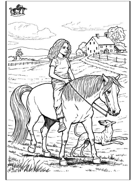 girl riding  horse  dog happily running  detailed farm