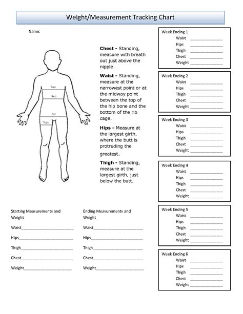 printable body measurement chart weight measurement tracking