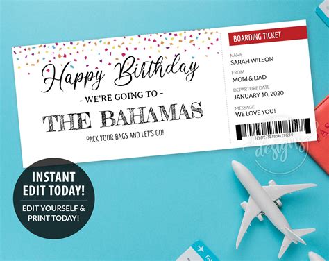 birthday travel ticket surprise gift certificate printable editable
