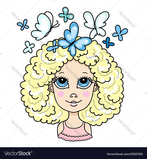 Cute Blonde Curly Girl With Blue Butterflies Vector Image