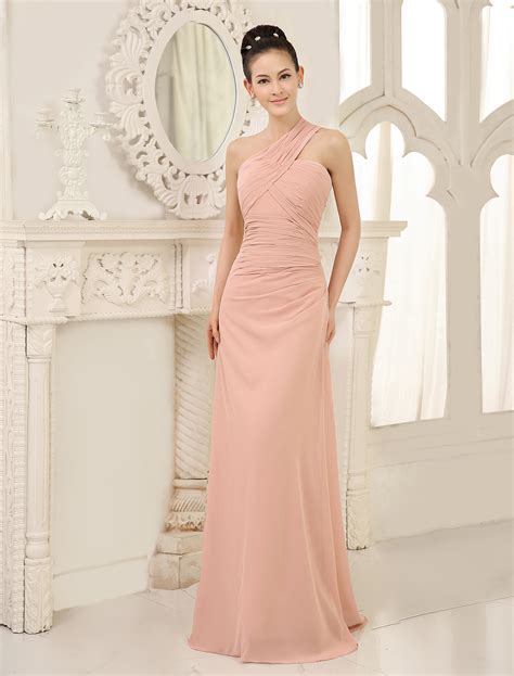 One Shoulder Bridesmaid Dresses Blush Pink Long Ruched Sleeveless