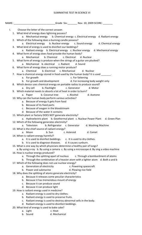 summative test in science vi forms of energy