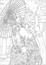Coloring Woman Japanese Japan Elegant Hanami Celebrating Temple Cherry Yukata Blossoms Drawing Young Front Most Beautiful Her Pages Adult Festival sketch template