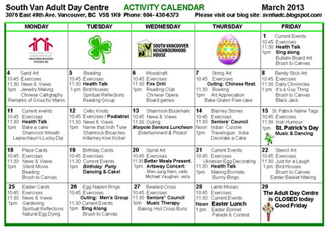 South Vancouver And Beulah Adult Day Programs March Calendar For South Adc