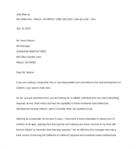 sample nanny cover letter   documents  word