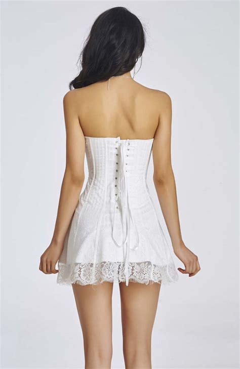 Elegant Sexy White Strapless Stripe Lace Corset Dress N11193