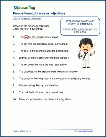 prepositional phrase  adjectives adverbs worksheets  learning
