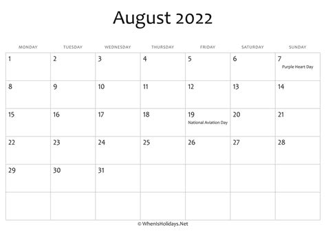 august  calendar printable  holidays whenisholidaysnet