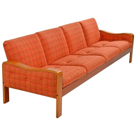 Vintage Original Scandinavian Bent Teak Plaid Wool Upholstered Sofa