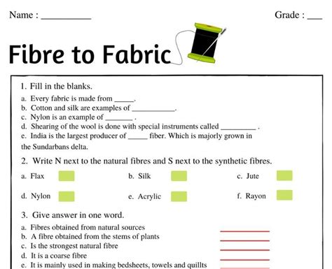 understanding fibre  fabric   comprehensive class  worksheet