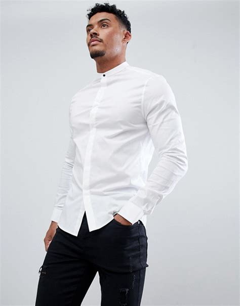 asos design skinny overhemd met drukknopen en zonder kraag  wit asos
