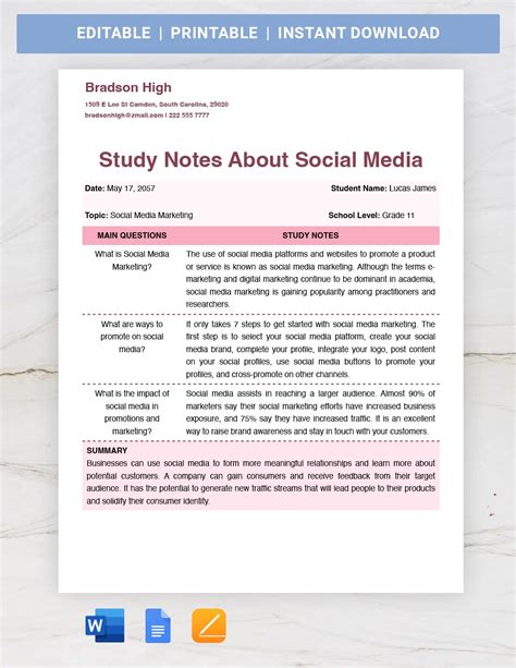 grid note  template google docs word apple pages