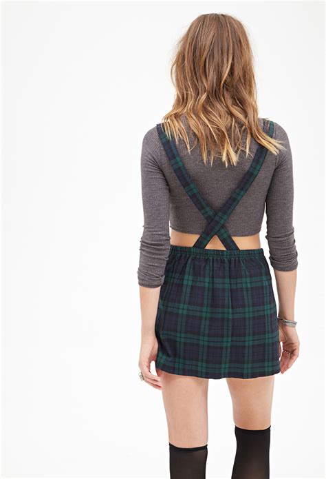 forever 21 pleated plaid suspender dress in green lyst