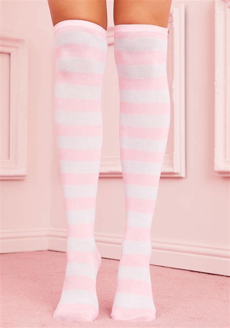sugar thrillz pink and white striped knee high socks dolls kill